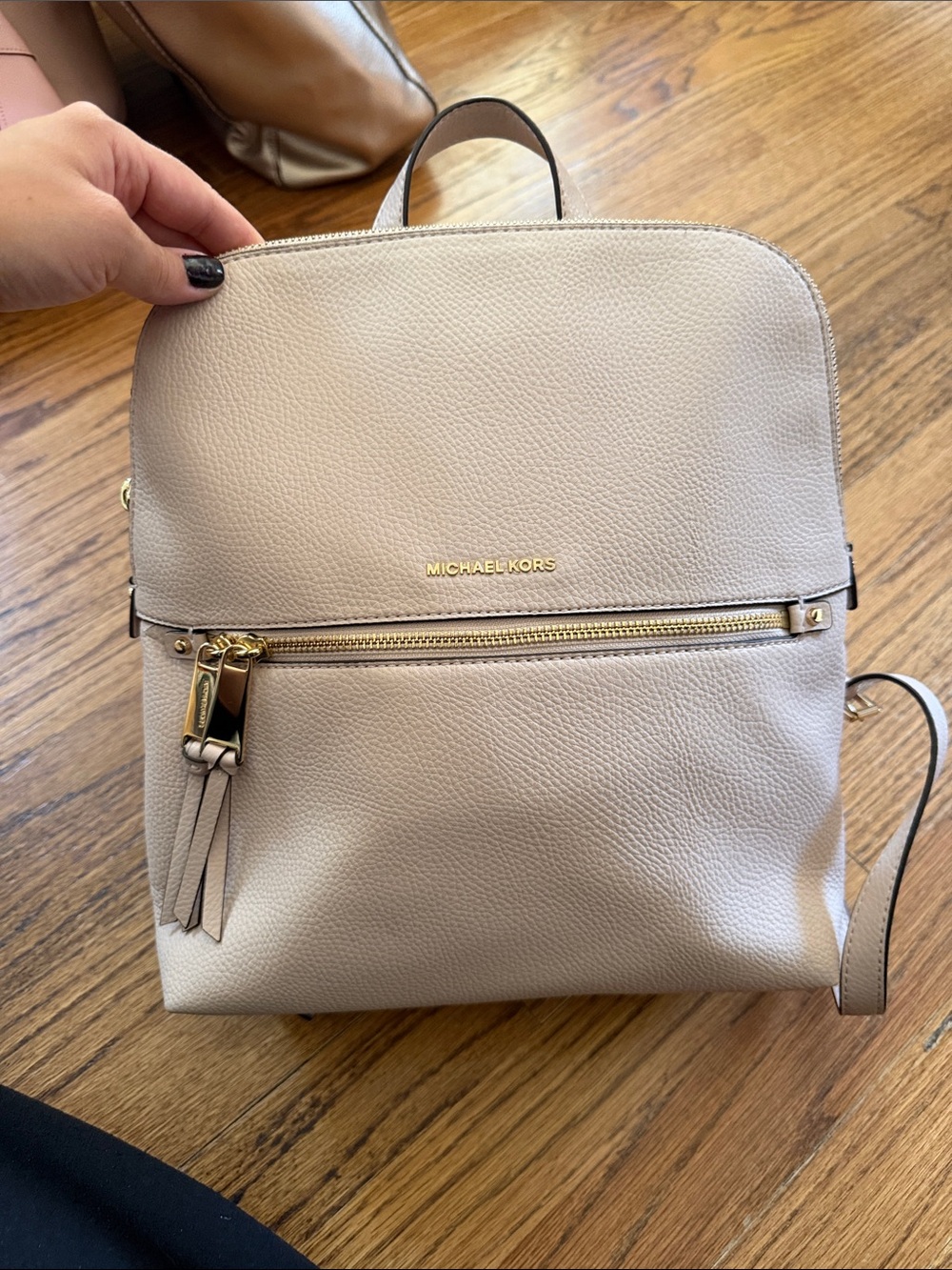 Michael Kors Pebbled Leather Backpack in Light Beige with Gold Hardware